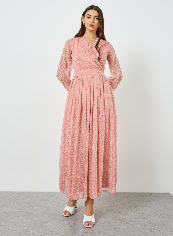 ستايلي فستان طويل شيفون بحافة واسعة وطبعة أزهار للنساء - Image 2